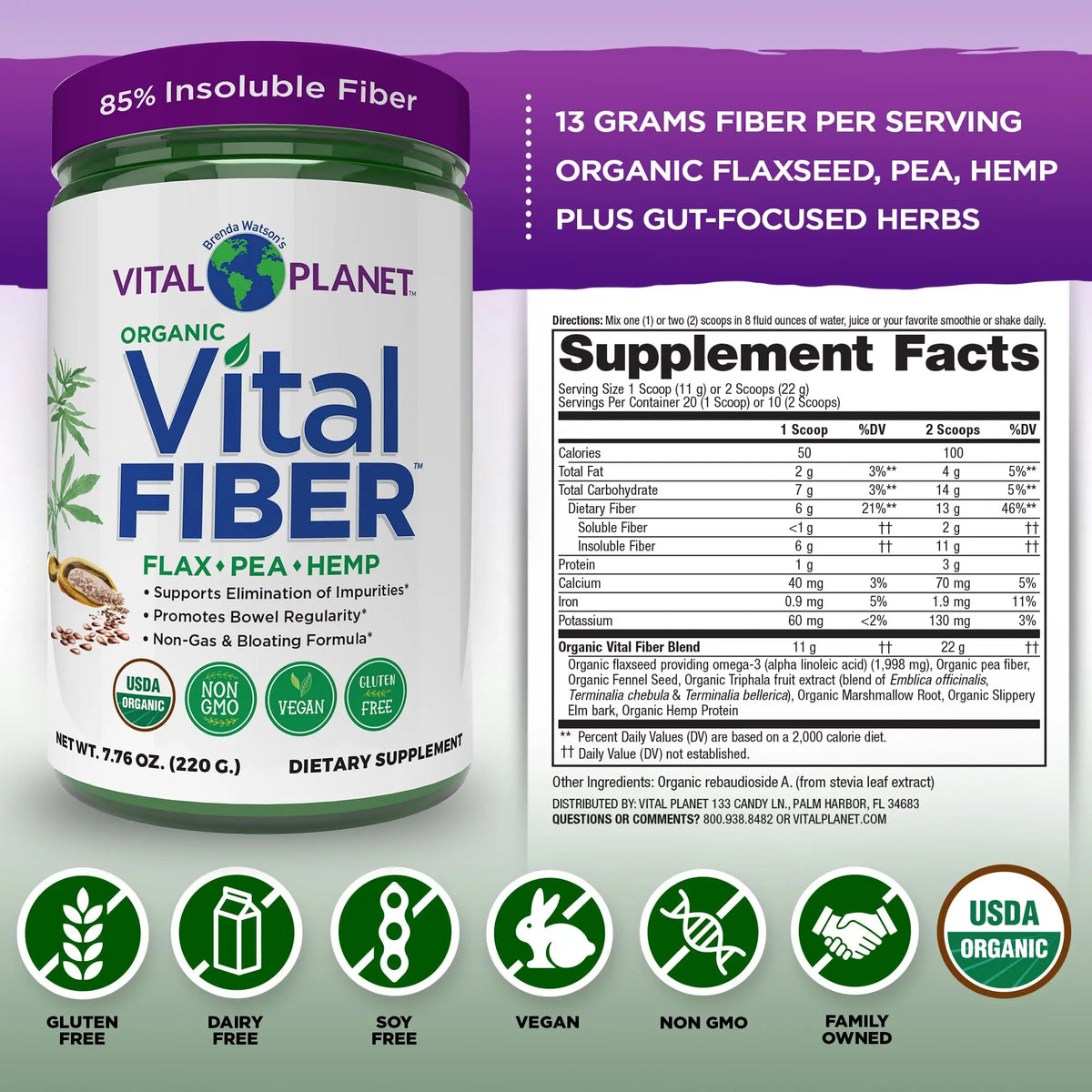 Vital Planet - Vital Fiber Powder, Soluble and Insoluble Fiber Supplement with Flax, Pea and Hemp, Organic Daily Dietary Supplement Supports Vital Planet