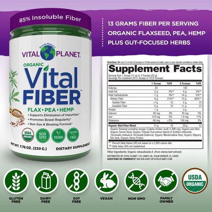 Vital Planet - Vital Fiber Powder, Soluble and Insoluble Fiber Supplement with Flax, Pea and Hemp, Organic Daily Dietary Supplement Supports Vital Planet