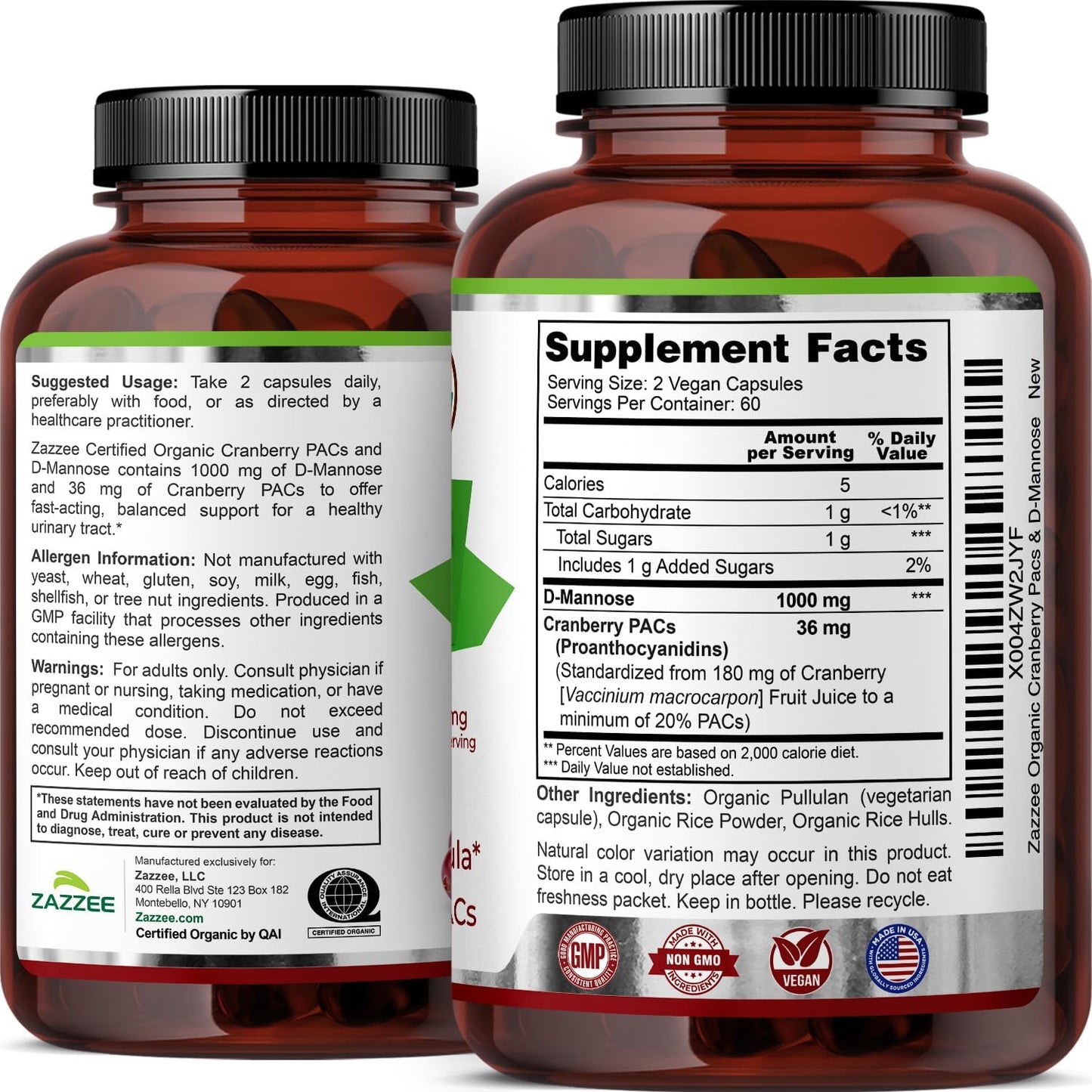 Zazzee USDA Organic Cranberry PACs & D-Mannose, 36 mg PACs per Serving | 1000 mg D-Mannose per Serving, 120 Vegan Capsules, 2 Month Supply, Urinary Tract & Bladder Support, Non-GMO, Made in the USA Gsupps Australia