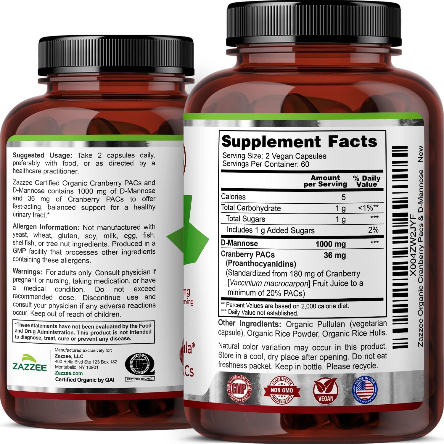 Zazzee USDA Organic Cranberry PACs & D-Mannose, 36 mg PACs per Serving | 1000 mg D-Mannose per Serving, 120 Vegan Capsules, 2 Month Supply, Urinary Tract & Bladder Support, Non-GMO, Made in the USA Gsupps Australia