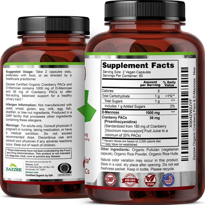 Zazzee USDA Organic Cranberry PACs & D-Mannose, 36 mg PACs per Serving | 1000 mg D-Mannose per Serving, 120 Vegan Capsules, 2 Month Supply, Urinary Tract & Bladder Support, Non-GMO, Made in the USA Gsupps Australia