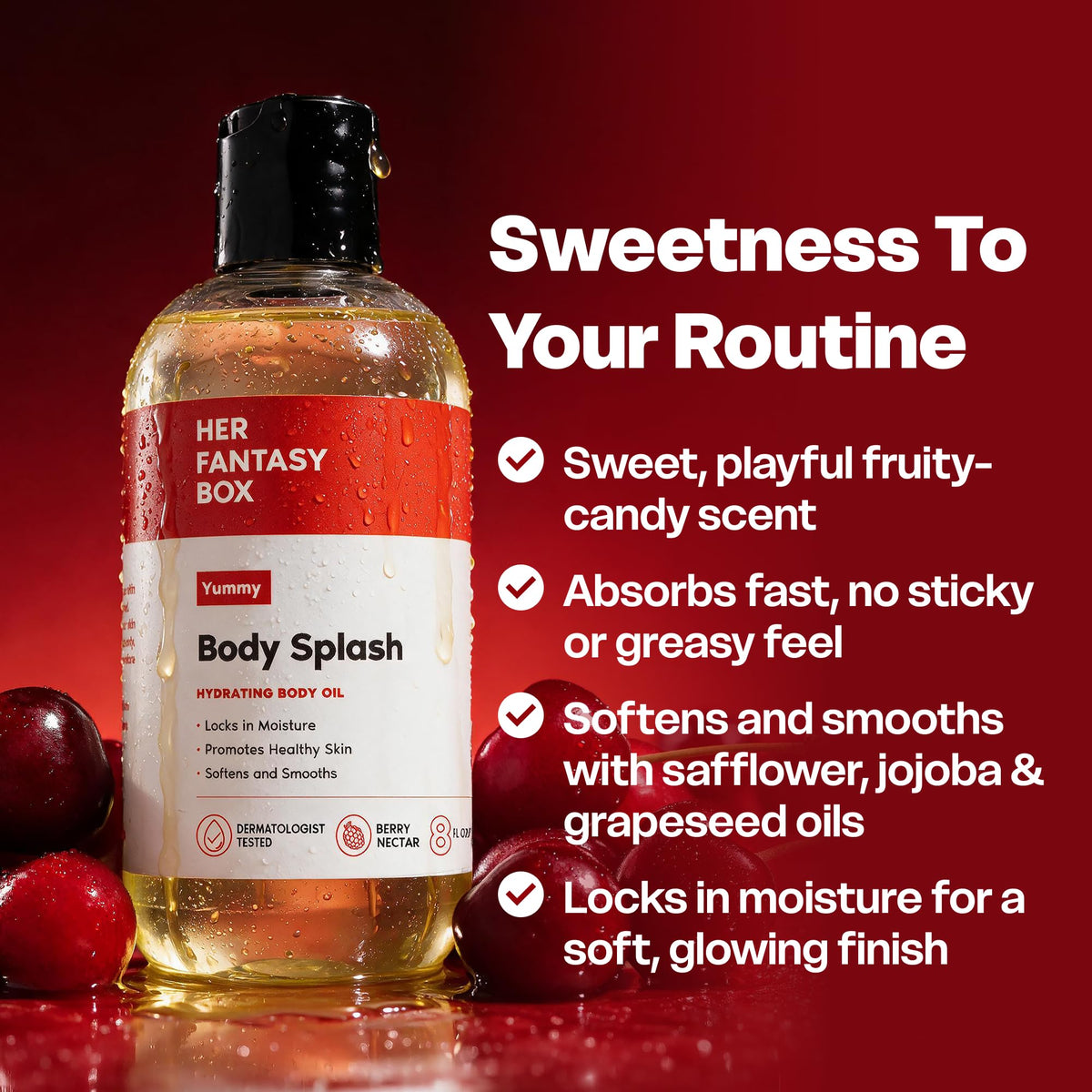 Her Fantasy Box | Body Splash Hydrating Body Oil (Yummy) - Moisturizing, Non-Greasy Formula for Soft, Smooth Skin - All-Natural, Lightweight & Nourishing Her Fantasy Box