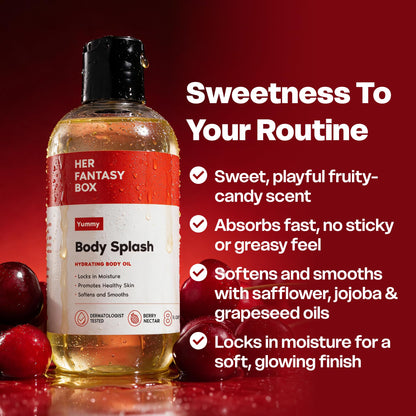 Her Fantasy Box | Body Splash Hydrating Body Oil (Yummy) - Moisturizing, Non-Greasy Formula for Soft, Smooth Skin - All-Natural, Lightweight & Nourishing Her Fantasy Box