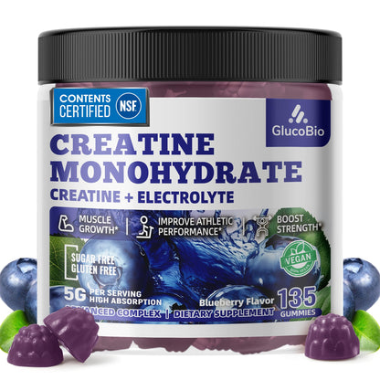 GlucoBio Creatine Monohydrate Gummies (5g) – Pre-Workout Energy & Muscle Growth Support for Men & Women GlucoBio