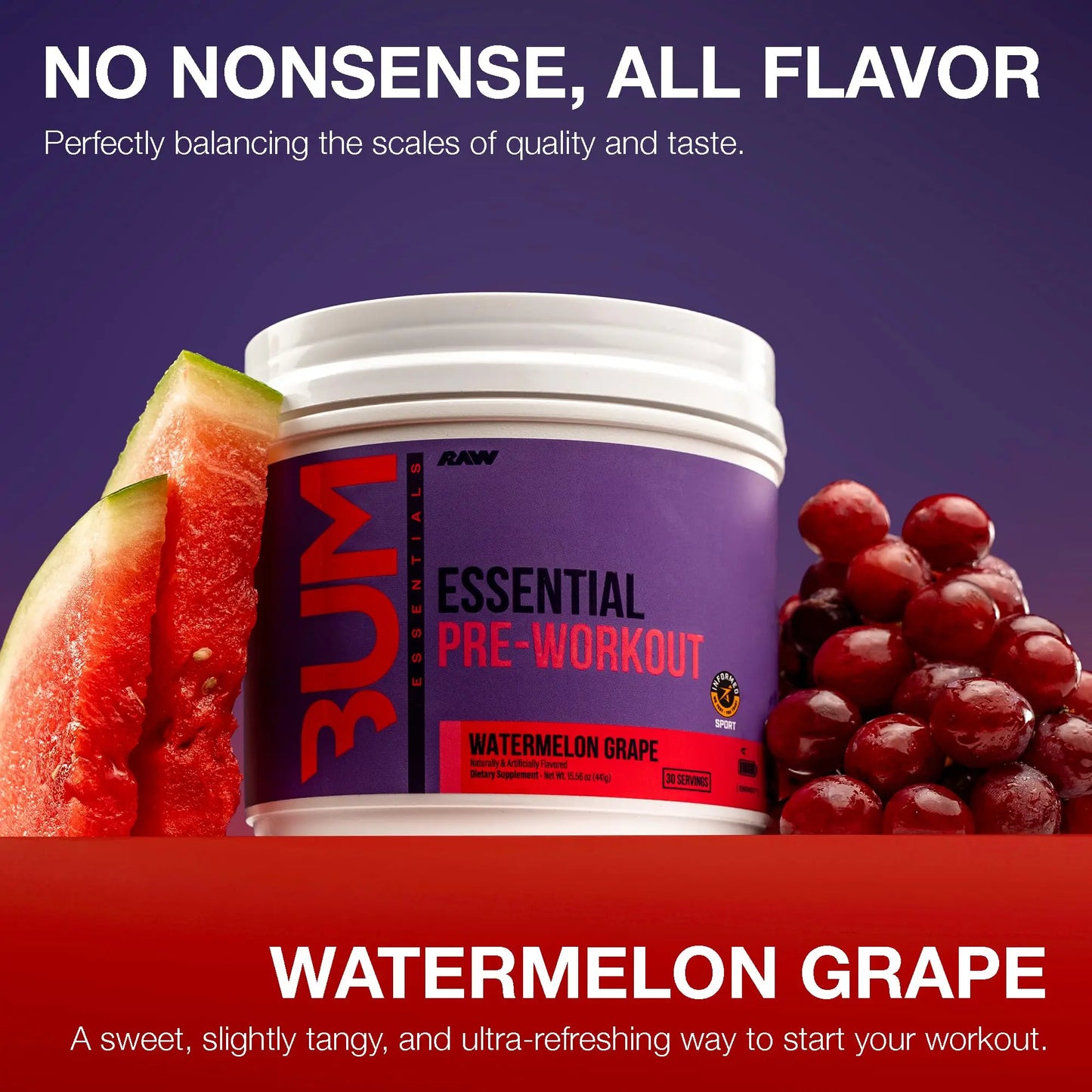RAW Essential Pre-Workout Powder (Watermelon Grape) - Chris Bumstead Sports Nutrition Supplement for Men & Women - Preworkout Energy Powder with Caffeine, L-Citrulline, RAW