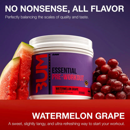 RAW Essential Pre-Workout Powder (Watermelon Grape) - Chris Bumstead Sports Nutrition Supplement for Men & Women - Preworkout Energy Powder with Caffeine, L-Citrulline, RAW