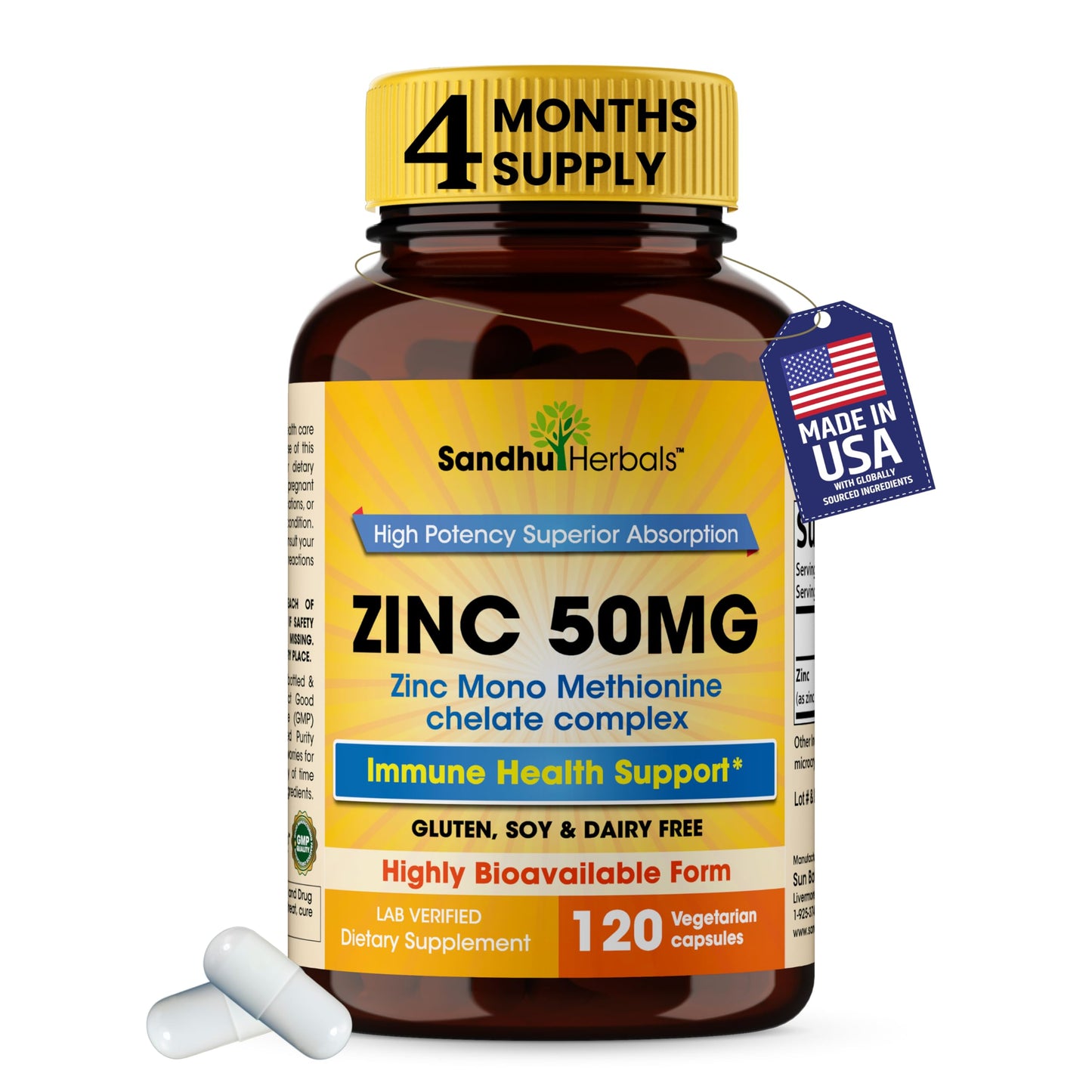 Zinc 50mg Capsules for Men and Women, 120 Count | Highly Absorbable Zinc Supplements for Immune System Support | Zink 50 mg Mono Methionine Chelated Complex SANDHUHERBALS