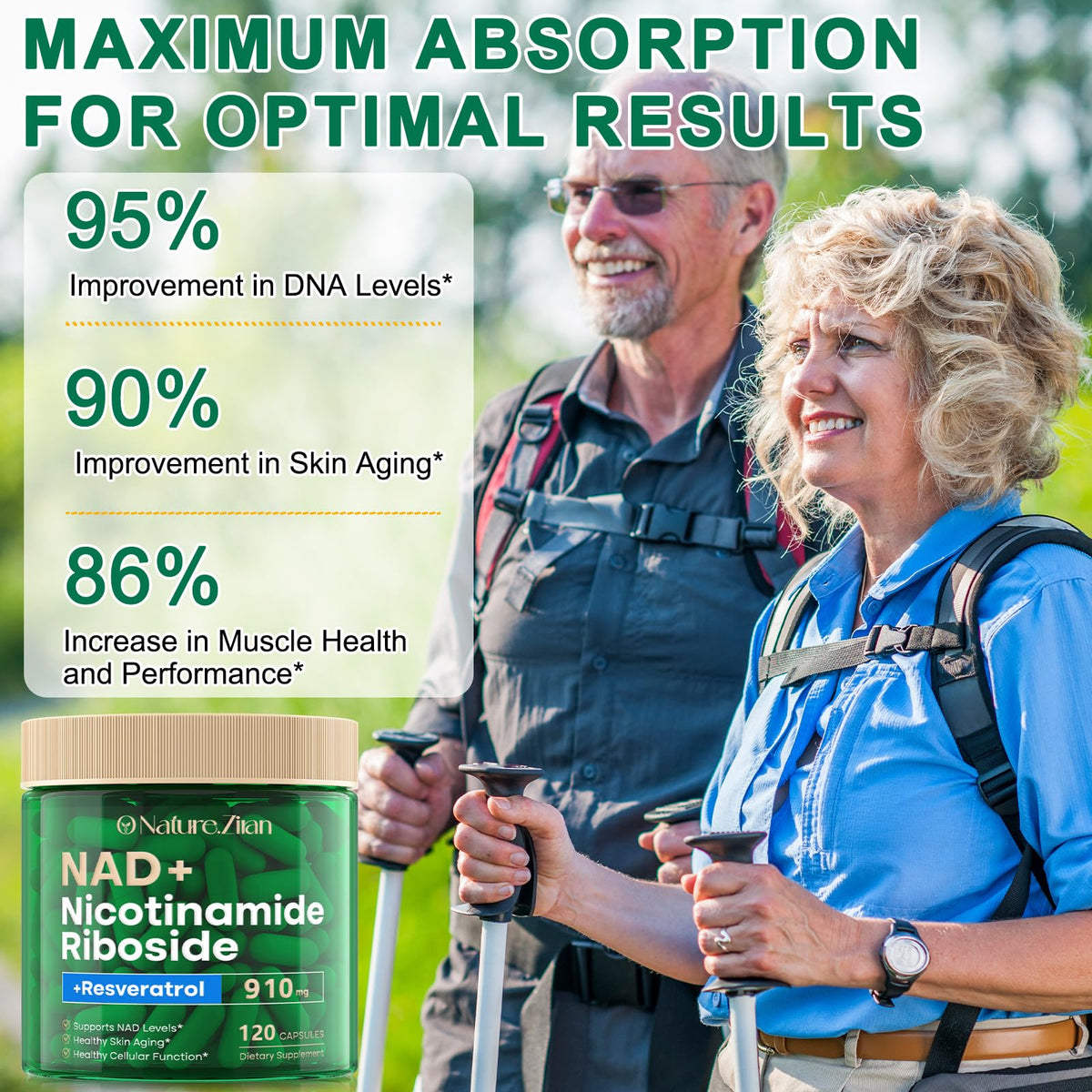 NAD Supplement - NAD+ Nicotinamide Riboside 910 Mg Supplement for Women & Men, Liposomal Nicotinamide Riboside with Resveratrol, for Focus, Boost - 120 Capsules (120 Count (Pack of 1)) O NATURE . ZIRAN
