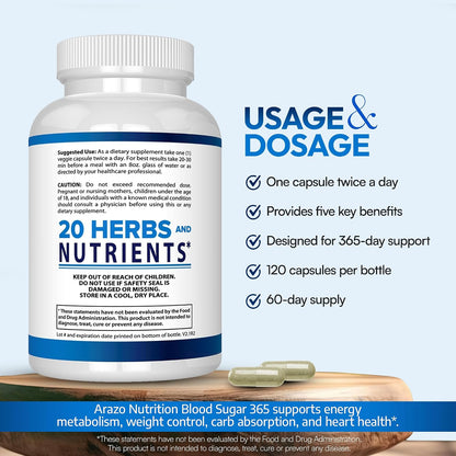 Arazo Nutrition Blood Sugar 365 Supplement – Supports Healthy Energy Levels - 120 Herbal Pills - 60 Day Supply Gsupps Australia