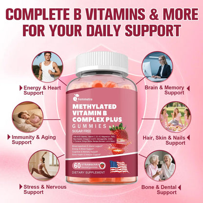 Ultra Methylated Vitamin B Complex Sugar Free Gummies - All B Vitamins + Vitamin C D3 K2 Ashwagandha Magnesium Omega 3 CoQ10 for Women Men - Methyl Vitamin B12 Femmetra