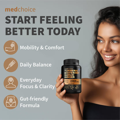4-in-1 Turmeric Joint Support Supplements with Garlic and BioPerine - 2360 mg High Potency Herbal Blend for Mobility, Everyday Flexibility, Digestive Comfort MEDCHOICE