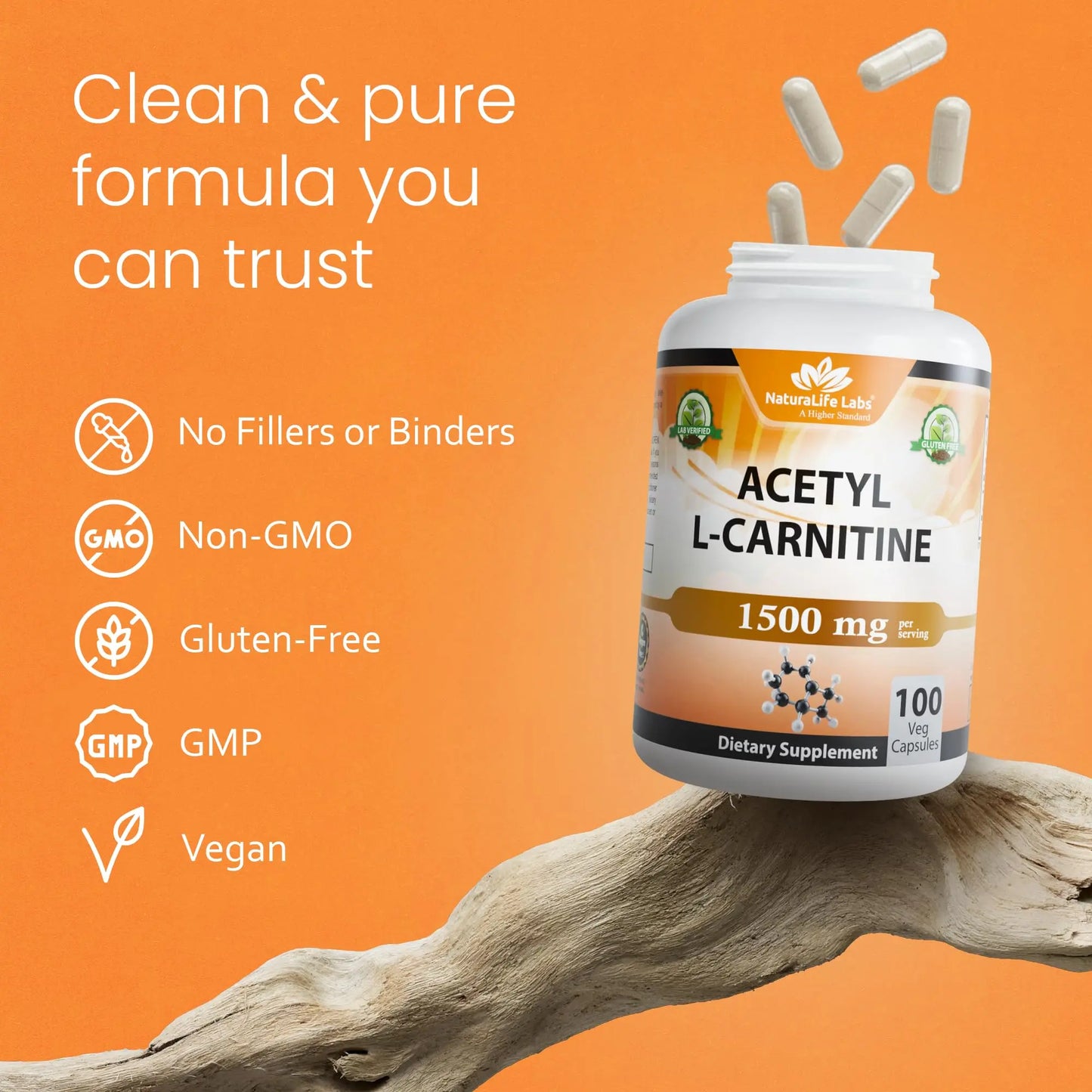 NaturaLife Labs Acetyl L-Carnitine (ALCAR) 1500 mg per Serving – 100 Capsules – Non-GMO, Gluten-Free, Vegan NaturaLife Labs