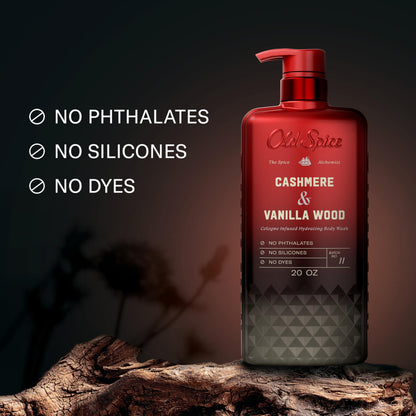 Old Spice Body Wash for Men, The Spice Alchemist Collection, 24/7 Cologne Infused Hydration, No Trade Off Formula, Free of Phthalates Silicones & Dyes, Cashmere + Vanilla Wood Scent, 20 oz Old Spice