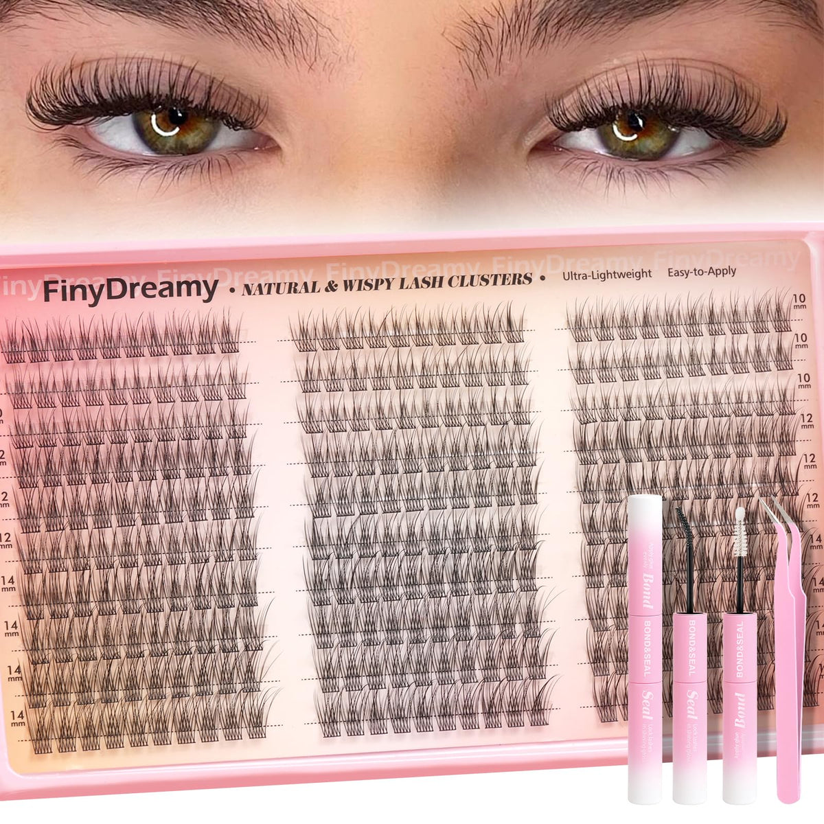 Natural Lash Clusters Kit 10-14MM Lashes Short Eyelash Clusters DIY Wispy Lash Extension Kit C Curl Individual Lashes Cluster Eyelash Extensions with Lash Glue Bond Seal Tweezers(300PCS) FinyDreamy
