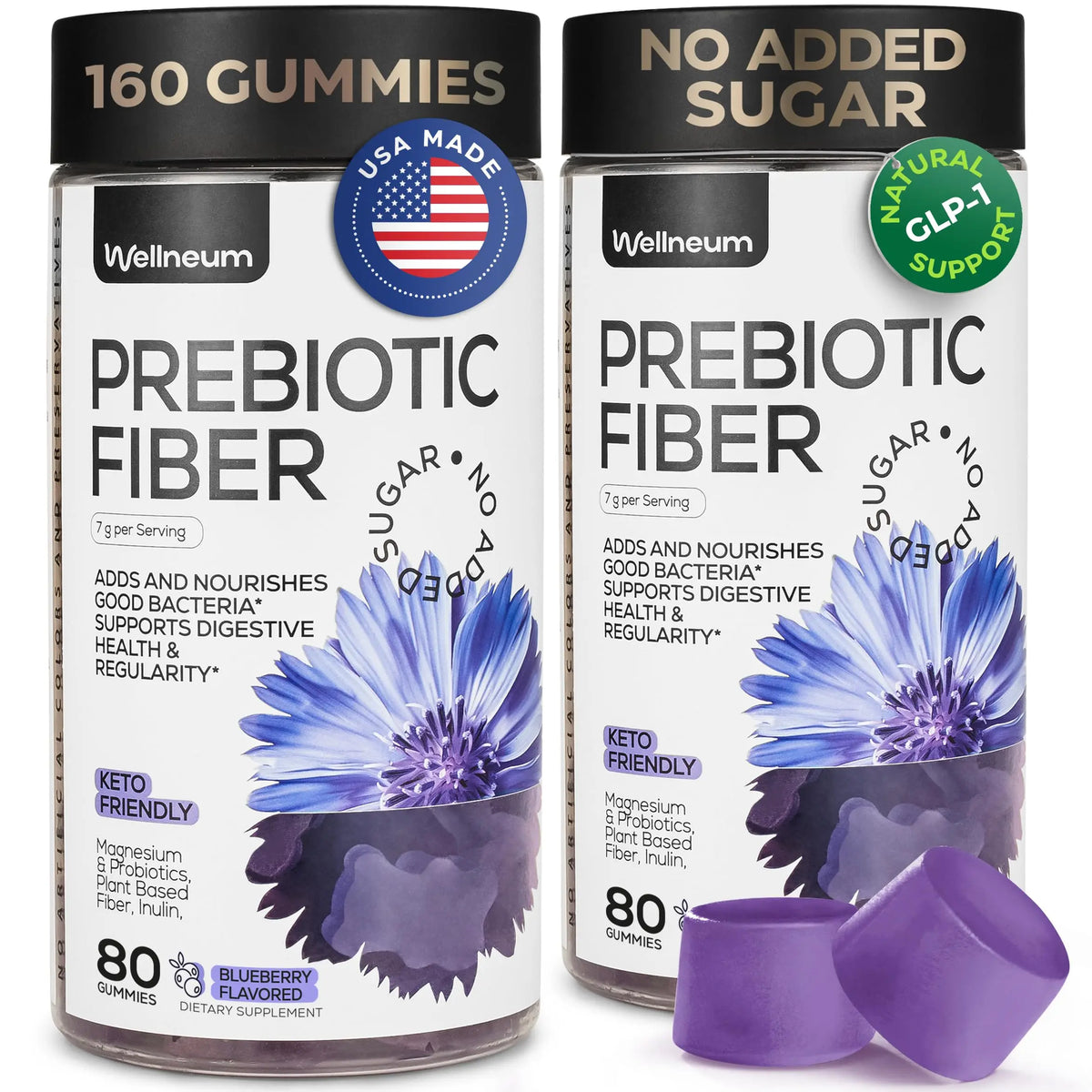 High Prebiotic Fiber Gummies for Women and Men 7G, 160 Pcs (2 Pack) - Natural  Support - Beet FOS Fiber, Magnesium, Inulin, Probiotic - Gummy Supplement for Digestive Health - Sugar Free Wellneum
