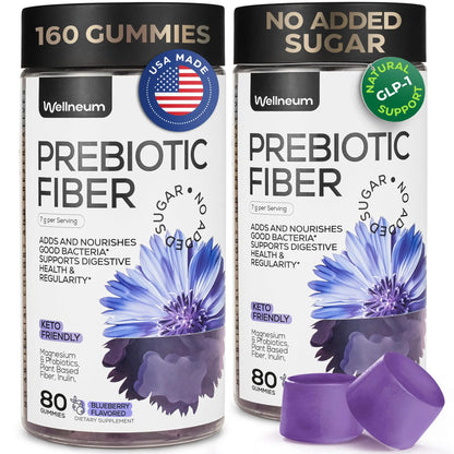 High Prebiotic Fiber Gummies for Women and Men 7G, 160 Pcs (2 Pack) - Natural  Support - Beet FOS Fiber, Magnesium, Inulin, Probiotic - Gummy Supplement for Digestive Health - Sugar Free Wellneum