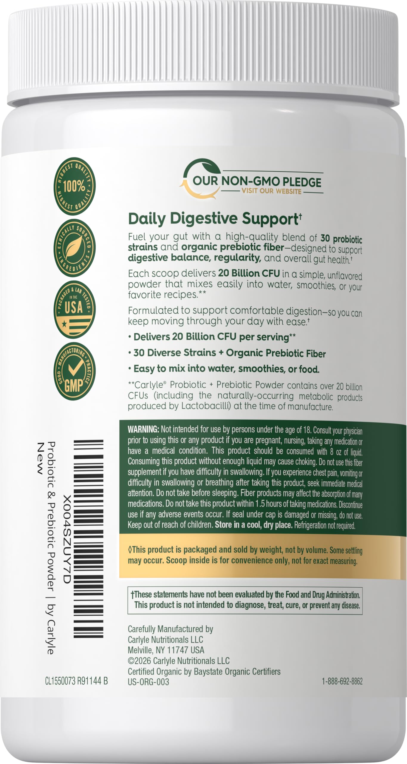 Carlyle Probiotic and Prebiotic Powder | 20 Billion CFU | 4.76 oz | Organic Fiber Blend | for Women and Men | Vegetarian, Non-GMO, Carlyle