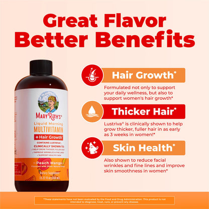 MARYRUTH'S Liquid Multivitamin+Hair Growth | Biotin 10000mcg | Lustriva Hair Growth Supplement | Clinically Tested in Women for Thicker Hair&Facial Wrinkle MARYRUTH'S