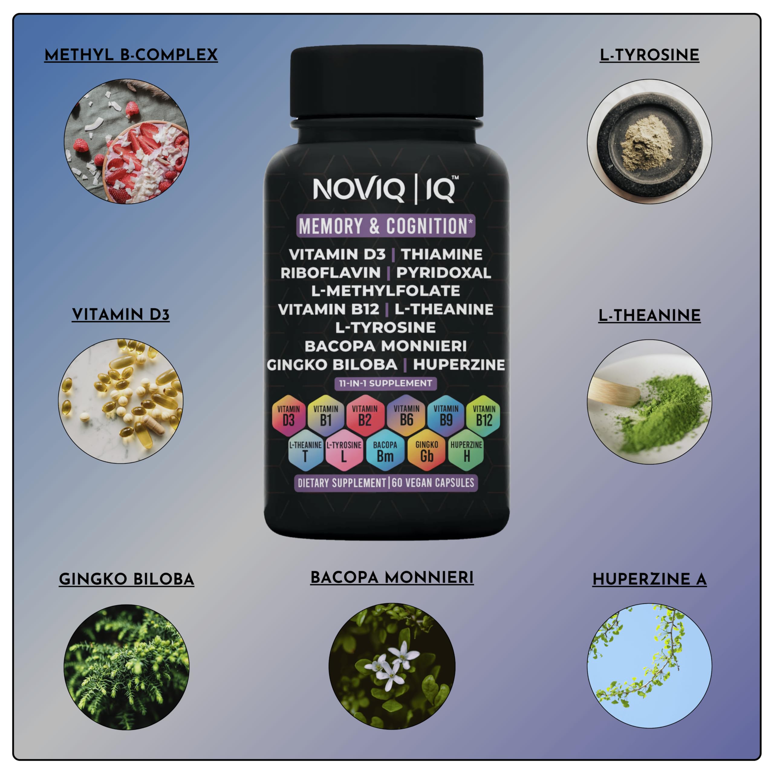 11-in-1 Nootropic Supplement: Supports Memory & Cognition - 100mg Ginkgo 150mg Bacopa 300mcg Huperzine 200mg L-Theanine 150mg L-Tyrosine & Bioactive B-Complex w/ 5-MTHF - 1,100mg+ Serving - 60 Count NOVIQ buy australia supplements