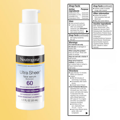 Neutrogena Ultra Sheer Sunscreen Serum SPF 60, Fragrance-Free, 1.7 fl. oz Neutrogena