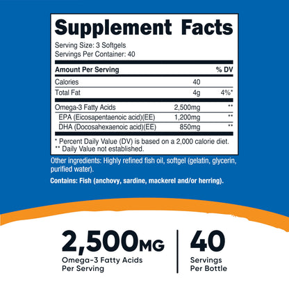 Nutricost Omega 3 Fish Oil - 2500MG, 120 Softgels (40 Serv) - Fish Oil, Wild Caught! 1200mg EPA 850mg DHA Nutricost