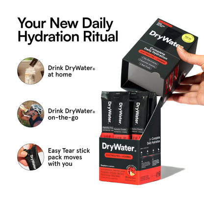 DryWater Electrolyte Powder Packets, Raspberry Lemon - Stevia-Free Hydration Packets Drink Mix with Zero Added Sugar for Rehydration & Energy - 6 Key Electrolytes DryWater