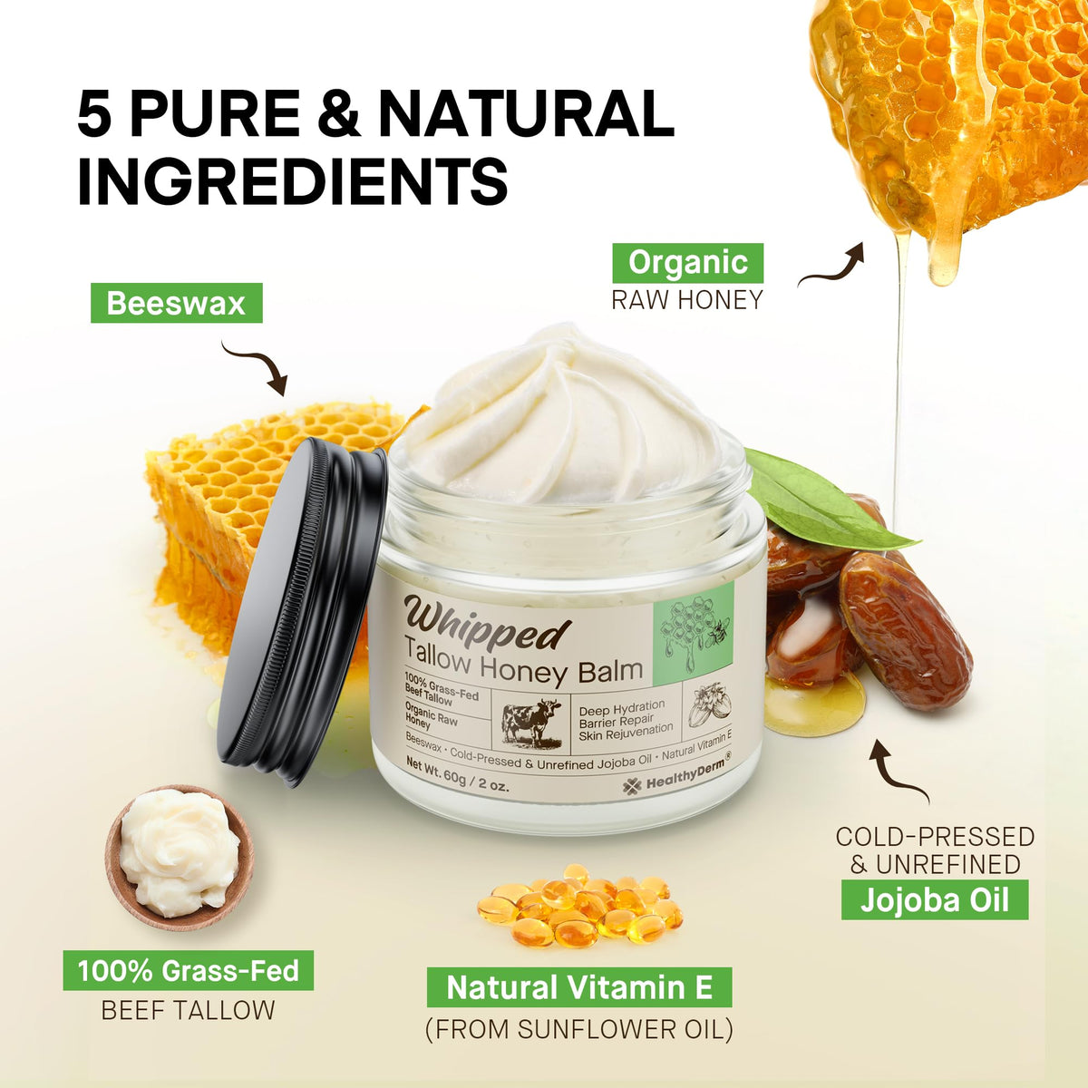 Beef Tallow Honey Balm for Skin: 100% Grass Fed Whipped Organic Moisturizer with Organic Raw Honey, Jojoba Oil, Vitamin E – Natural Face and Body Care for Mature, Dry or Sensitive Skin, 2oz HealthyDerm
