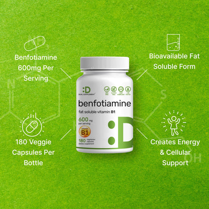 Benfotiamine 600mg Per Serving, 180 Veggie Capsules (300mg Per Cap) – Fat Soluble Vitamin B1 Thiamine Supplement DEAL SUPPLEMENT