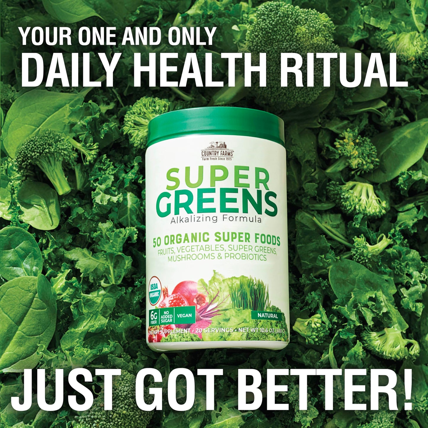 Country Farms Organic Super Greens Natural Flavor, 50 Organic Super Foods, Packed with Fiber, USDA Organic Drink Mix, Fruits, Vegetables, Mushrooms & Probiotics Country Farms