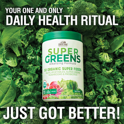 Country Farms Organic Super Greens Natural Flavor, 50 Organic Super Foods, Packed with Fiber, USDA Organic Drink Mix, Fruits, Vegetables, Mushrooms & Probiotics Country Farms