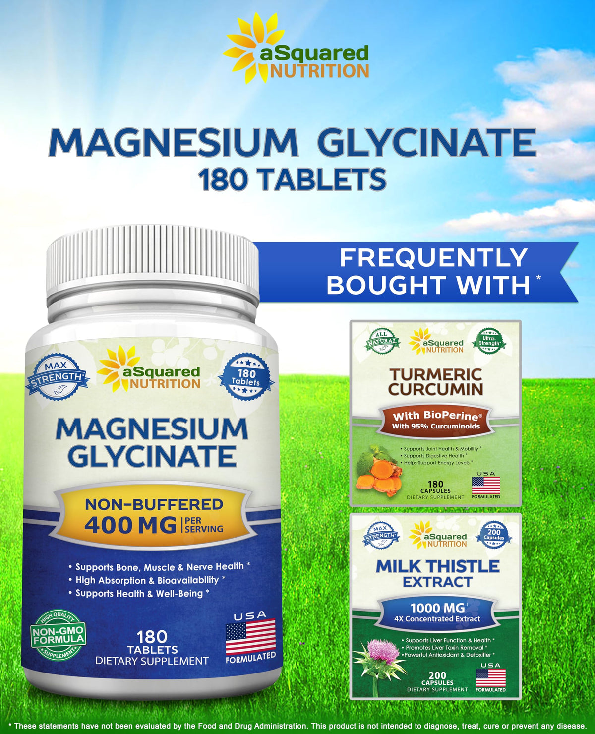 aSquared Nutrition Magnesium Glycinate 400mg - 180 Tablets - Max Strength Magnesium Bisglycinate Supplement -Maximum Bioavailability & Absorption-Non-GMO aSquared Nutrition