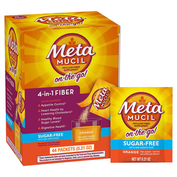 Metamucil On-the-Go Packets, Sugar-Free, 44 Packets, 4-in-1 Psyllium Husk Fiber Supplement, Orange Flavored, Individual Servings Great for Travel
