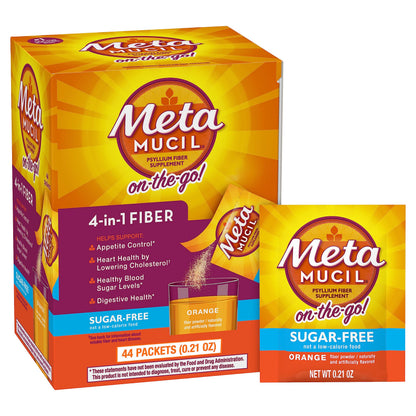 Metamucil On-the-Go Packets, Sugar-Free, 44 Packets, 4-in-1 Psyllium Husk Fiber Supplement, Orange Flavored, Individual Servings Great for Travel Metamucil