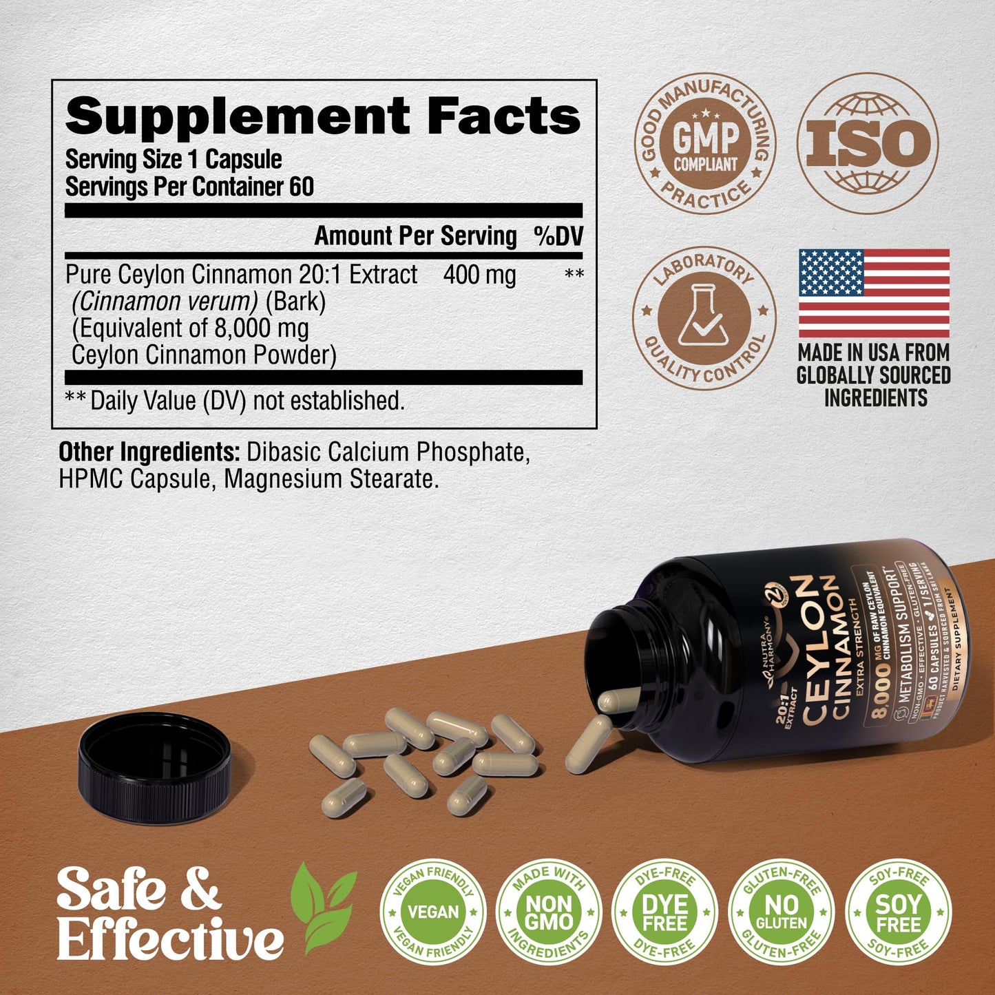 Ceylon Cinnamon Capsules - Extra Strength - Energy Heart & Metabolism Support for Men & Women - Pure Natural Cinnamon 20:1 Extract Supplement NUTRAHARMONY