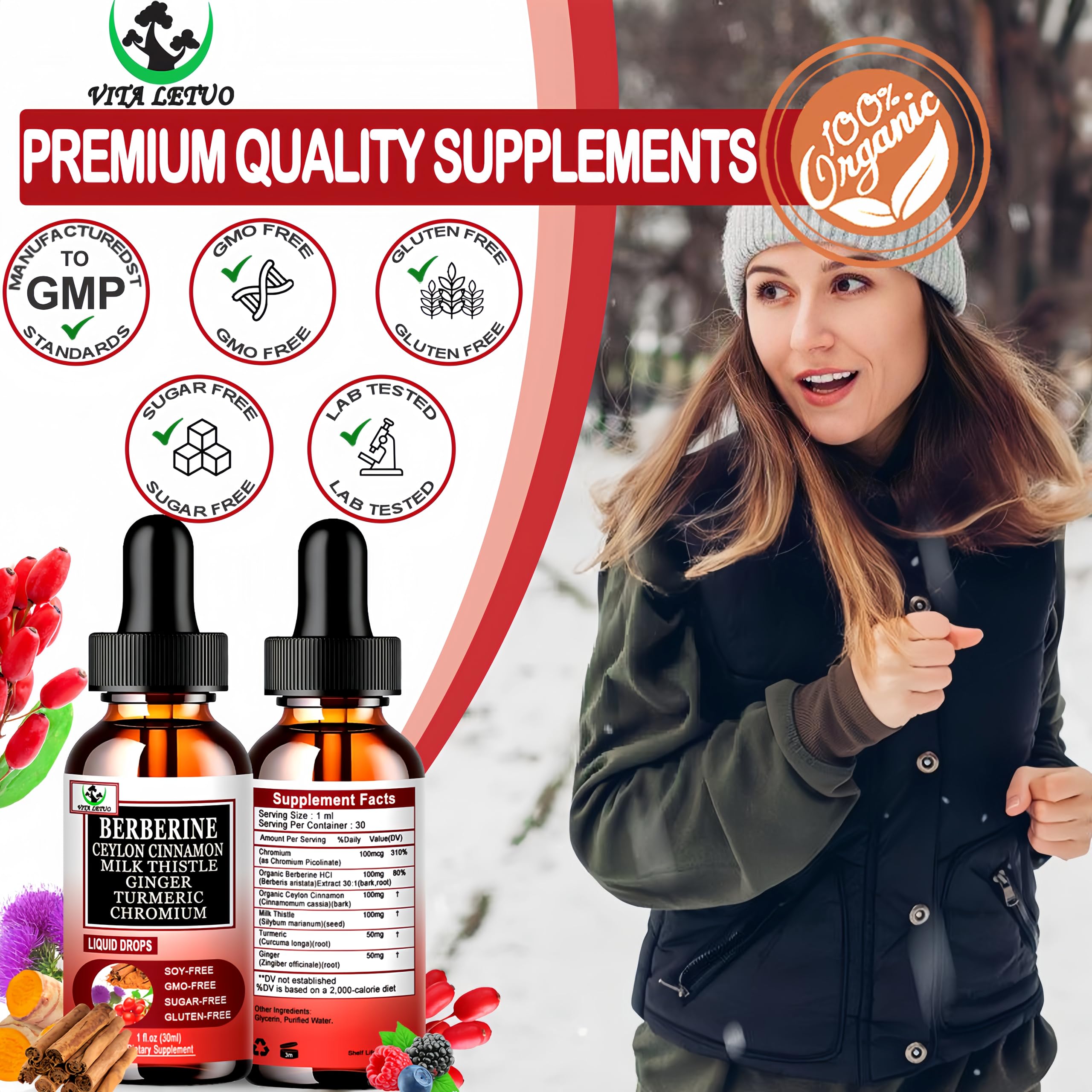 Berberine Drops, High Absorption 6-in-1 Liquid Berberine Supplement with Ceylon Cinnamon Milk Thistle Turmeric, Premium Berberine HCl for Immune Function Metabolic & Digestive Support, 30 Servings Vita letuo buy australia supplements