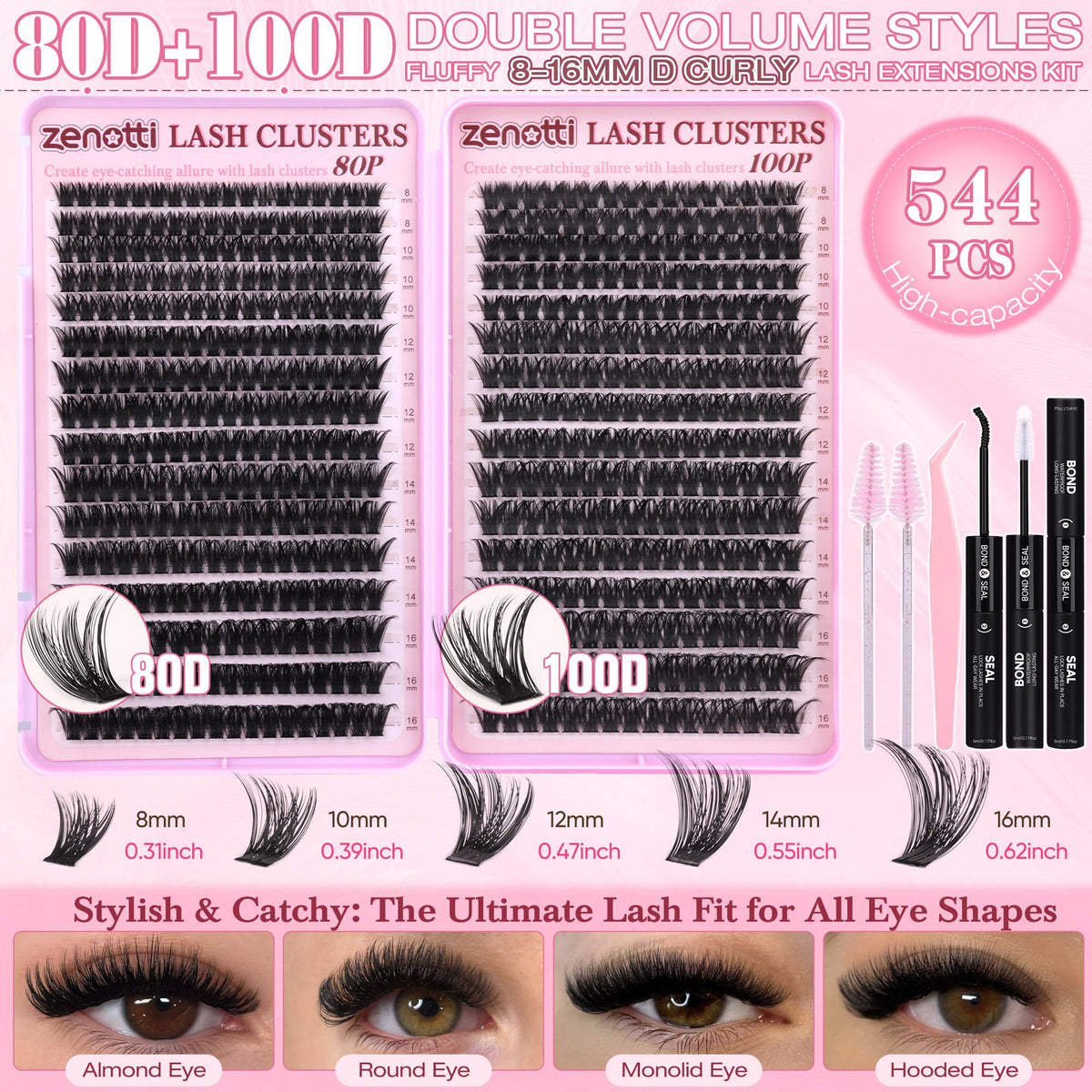 Lash Clusters Kit Fluffy 80D 100D Eyelash Clusters Kit 544PCS Wispy Cluster Eyelash Extensions D Curly Individual Lashes 8-16mm Soft Band DIY at Home with Lash Bond&Seal Tweezers Brush by zenotti zenotti