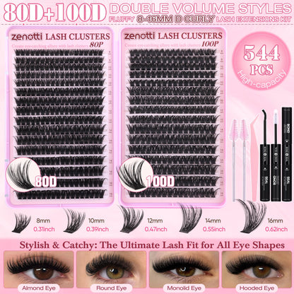 Lash Clusters Kit Fluffy 80D 100D Eyelash Clusters Kit 544PCS Wispy Cluster Eyelash Extensions D Curly Individual Lashes 8-16mm Soft Band DIY at Home with Lash Bond&Seal Tweezers Brush by zenotti zenotti