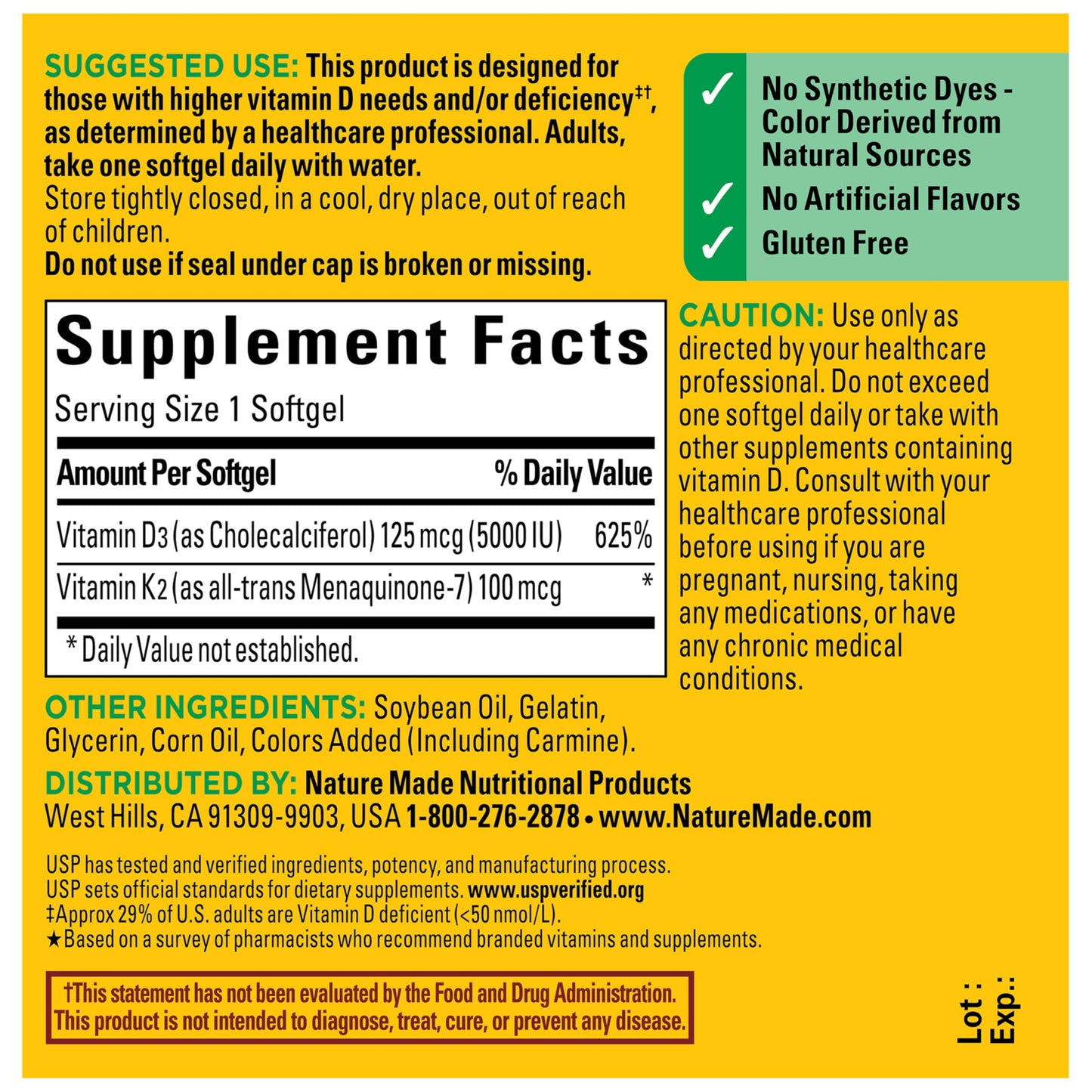 Nature Made Vitamin D3 K2 Supplement, 5000 IU (125 mcg) Vitamin D for Bone, Teeth, Muscle and Immune Support Nature Made