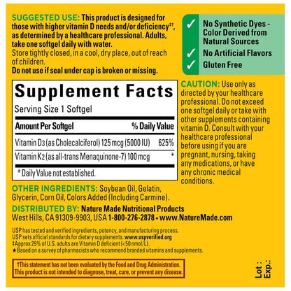 Nature Made Vitamin D3 K2 Supplement, 5000 IU (125 mcg) Vitamin D for Bone, Teeth, Muscle and Immune Support Nature Made