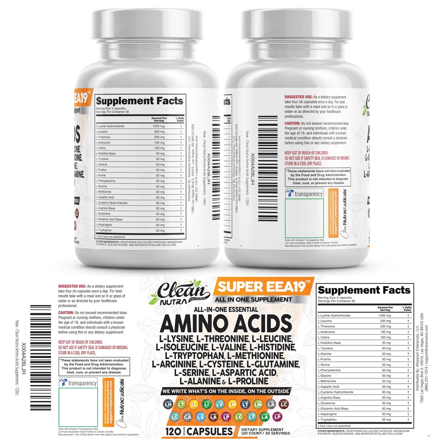 Clean Nutraceuticals Amino Acids Supplement L-Lysine, L-Threonine, L-Leucine, Isoleucine, Valine, L-Histidine, L-Tryptophan, L-Methionine, L-Arginine, L-Cysteine, Clean Nutraceuticals