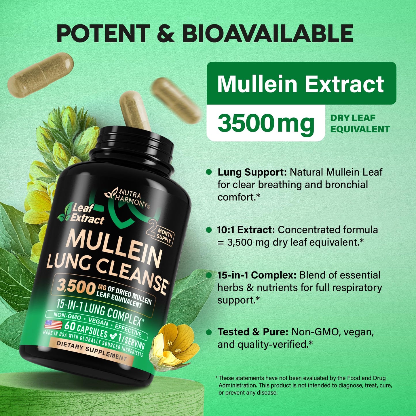 Mullein Lung Detox - Mullein Leaf Extract - Marshmallow Root | Echinacea | Oregano | Quercetin | NAC - 15-in-1 Lung Support & Cleanse for Smokers Supplement NUTRAHARMONY