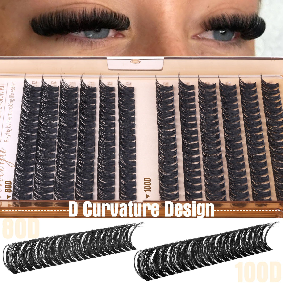 Geeneiya 12MM Volume Lash Clusters D Curl Cluster Eyelash Extensions Thick Cluster Lashes Only 12MM 80D+100D DIY Lash Extension Waterproof Geeneiya