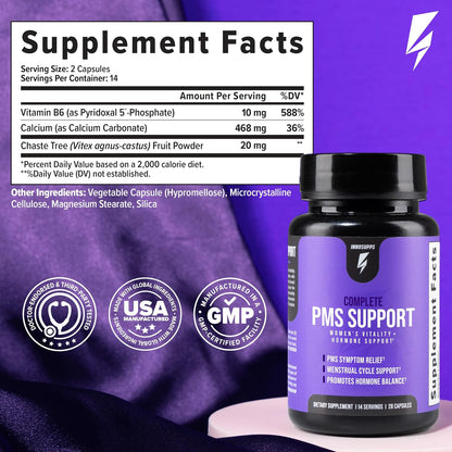 Inno Complete PMS Support - PMS Support Supplement for Women with Chasteberry, Vitamin B6, & Calcium for Women for Period Relief, Cramp Relief, Mood and Cycle Balance (28 Capsules)