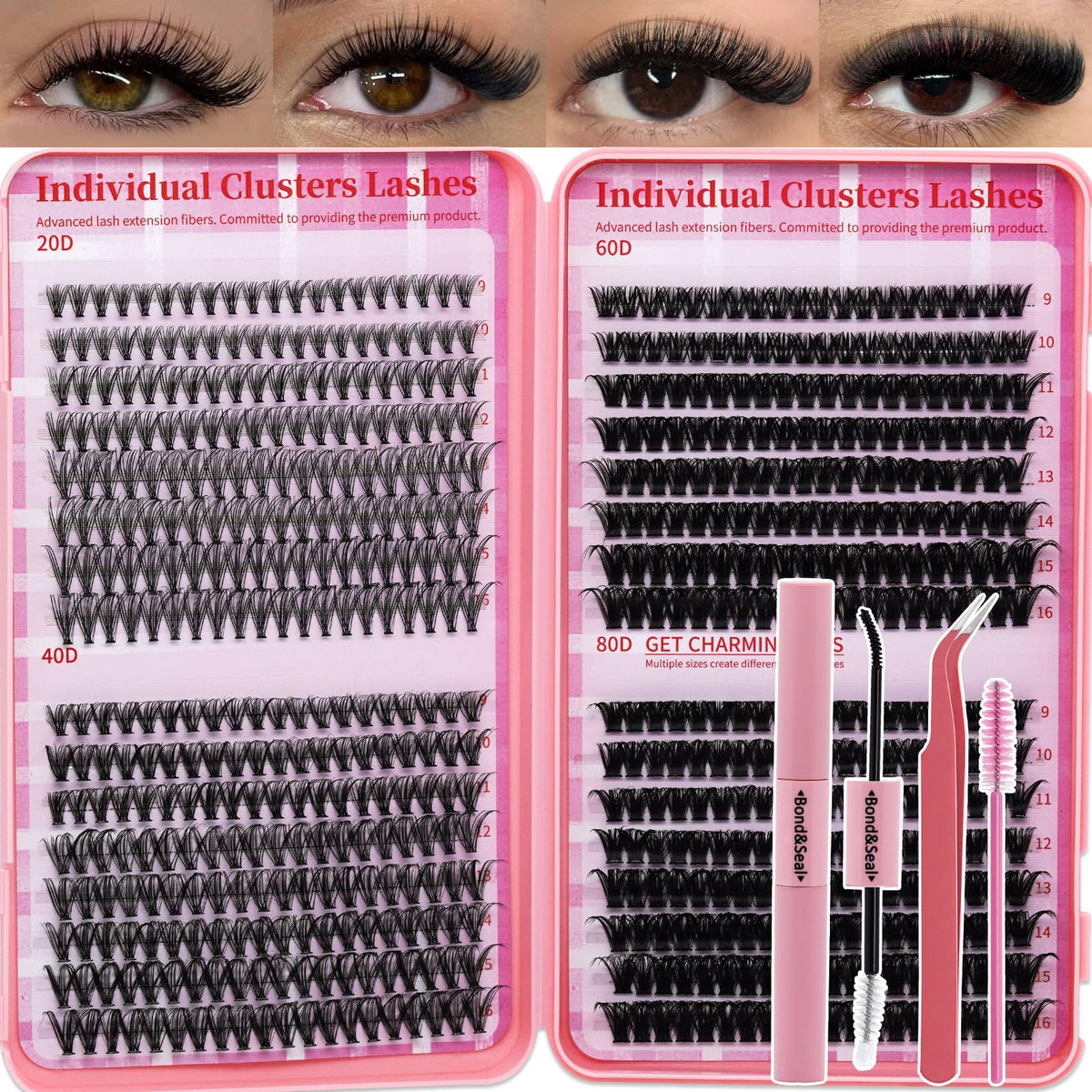Lash Clusters Kit for Beginners Eyelash Clusters Kit Lashes Clusters Kit Cluster Lashes Pestañas Postizas Naturales with Lash Bond&Seal,Lash Tweezers,Brush RITALASH(640pcs 20D+40D+60D+80D Kit,9-16mm) RITALASH