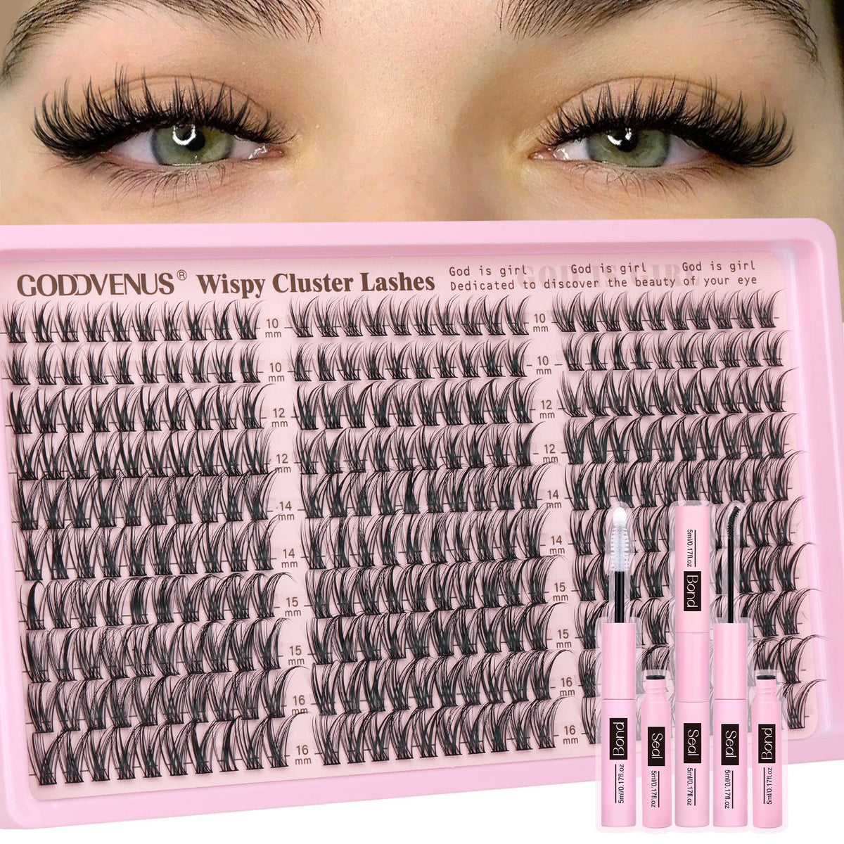 Goddvenus Lash Clusters Kit Wispy Eyelash Clusters Lashes Natural DIY Lash Extension Kit 10-16mm Cluster Eyelash Extensions Kit 300pcs C Curl Individual Lashes Cluster Eyelash (No Tweezers) Goddvenus