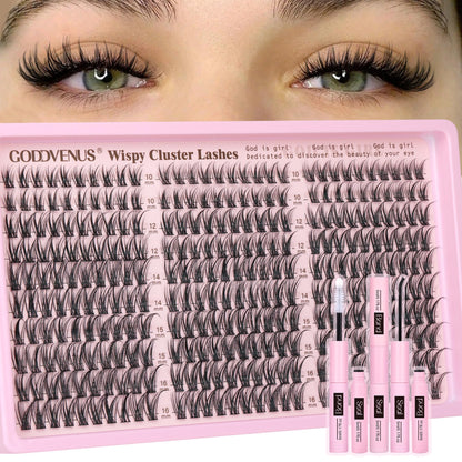 Goddvenus Lash Clusters Kit Wispy Eyelash Clusters Lashes Natural DIY Lash Extension Kit 10-16mm Cluster Eyelash Extensions Kit 300pcs C Curl Individual Lashes Cluster Eyelash (No Tweezers) Goddvenus