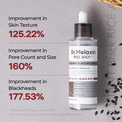 Dr.Melaxin Peel Shot Black Rice Exfoliating Ampoule, Face Exfoliator with AHA BHA Niacinamide Rice Bran Water, Blackhead Remover, Pore Minimizer, Brightening Glass Skin Serum, Korean Skin Care, 2.7 oz Dr.Melaxin