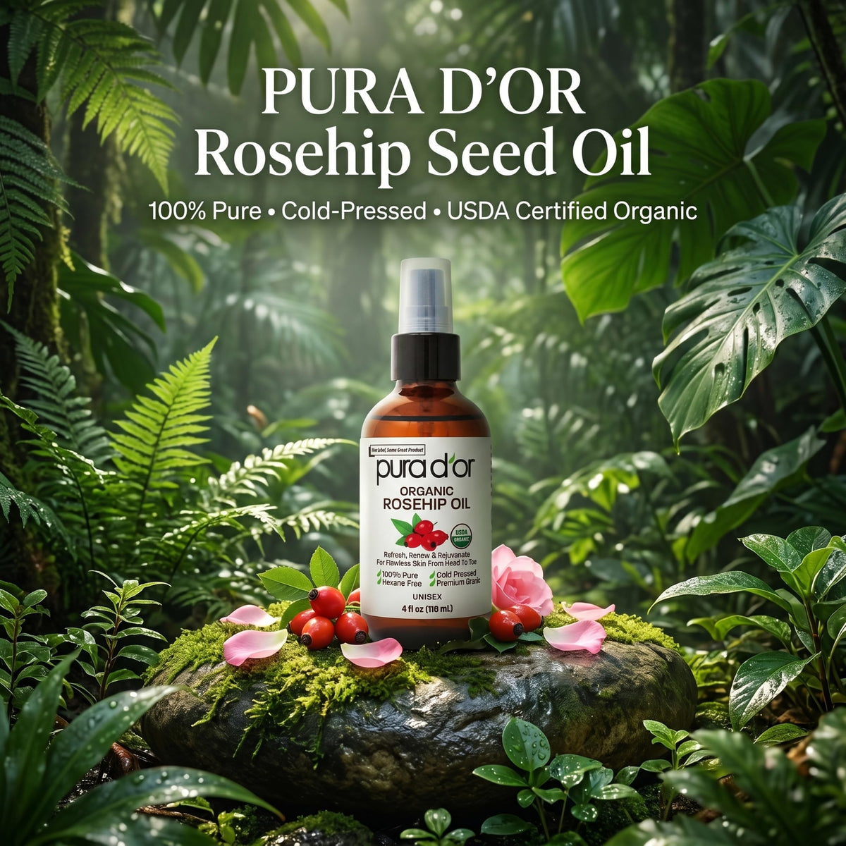 PURA D'OR ORGANIC Rosehip Seed Oil Pure Cold-Pressed for Face, 4oz PURA D'OR
