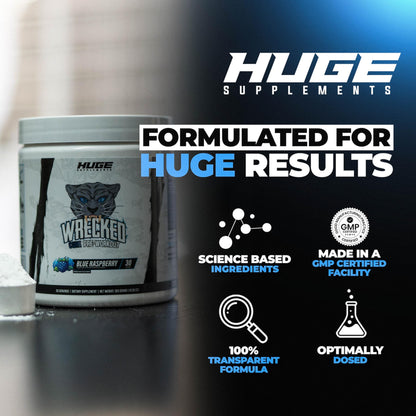 Wrecked Core - All-in-One Pre-Workout Supplement for Men & Women, Increase Energy, Focus & Pumps with L-Citrulline, Beta-Alanine, L-Tyrosine & More (30 Servings) - Blue Raspberry