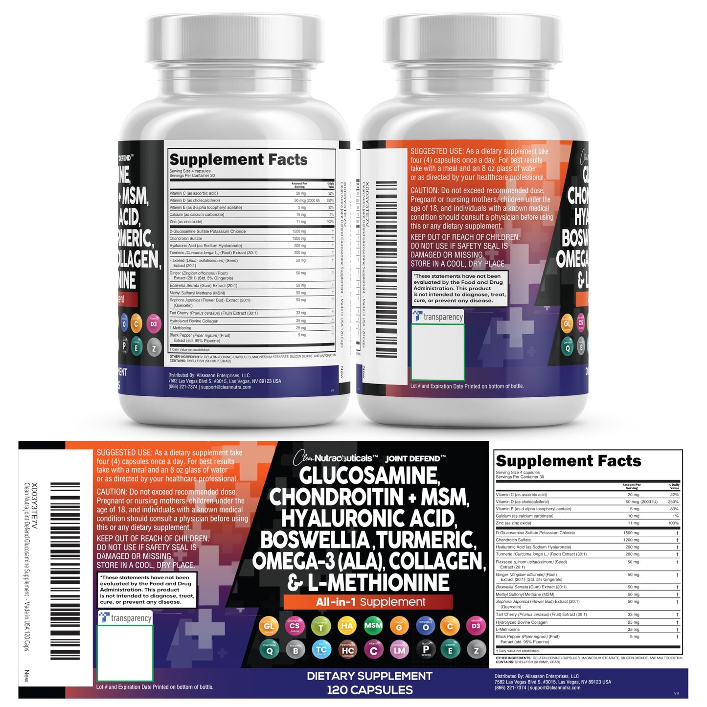 Clean Nutraceuticals Glucosamine 1500mg Chondroitin 1200mg MSM with Turmeric Curcumin, Collagen, Hyaluronic Acid, Omega 3 – Joint Health Supplement for Men & Women Clean Nutraceuticals